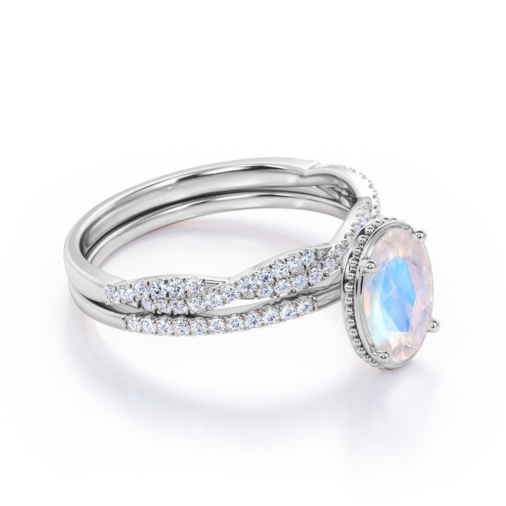 Milgrain Edge 1.5 carat Oval shape Moonstone and diamond Bridal wedding ring set in gold