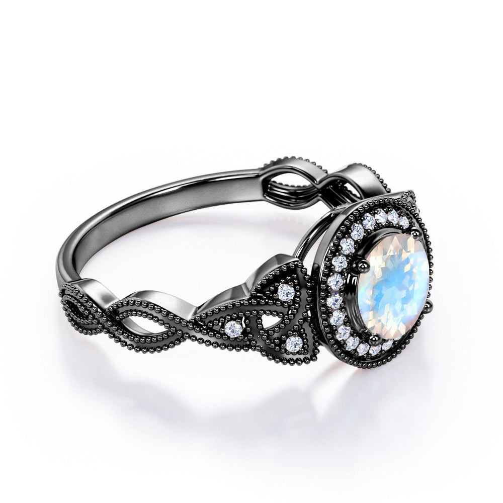 Infinity Halo 1.5 carat Round cut Moonstone and diamond engraved engagement ring in White gold