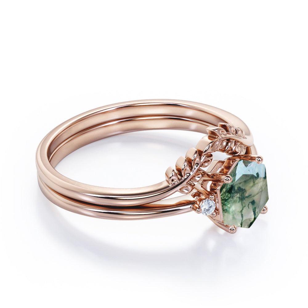 Earthy Three stone 0.55 carat Hexagon shaped Moss Green Agate and diamond antique style wedding ring set in Black gold