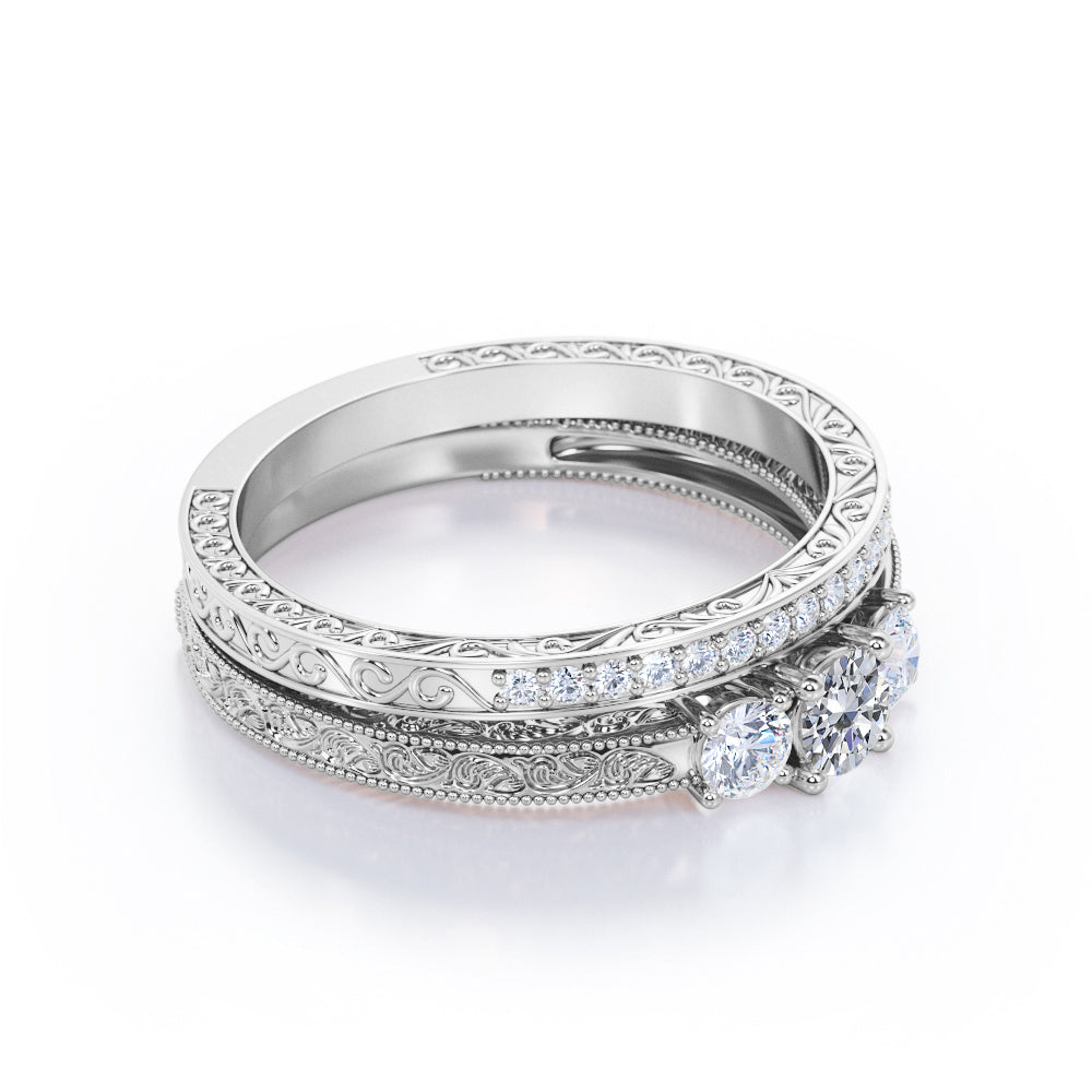 Trio stone 1.20 carat Round cut Moissanite and diamond Milgrain and Filigree Art deco wedding ring set in White gold