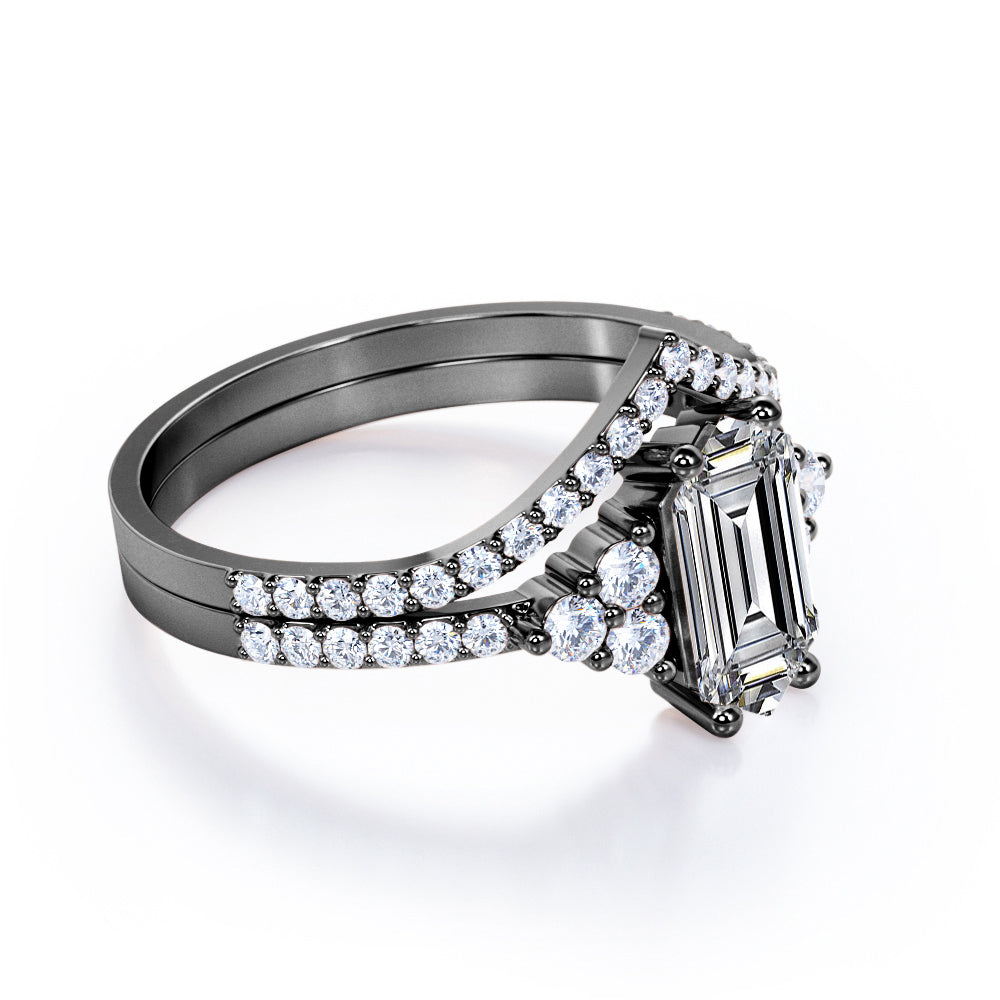 Artistic Contoured 1.5 carat Hexagon shaped Moissanite and diamond 7stone engagement ring in Black gold
