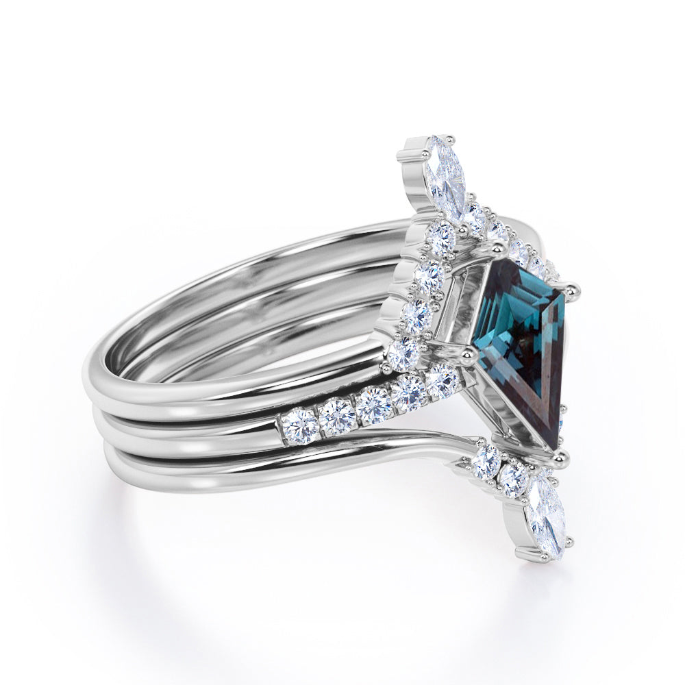 Tiara Chevron 1.35 carat Kite shaped Lab created Alexandrite and diamond trio wedding ring set in White gold