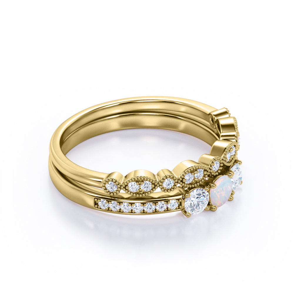 Elegant trilogy 1 carat Round cut Ethiopian Opal and pave diamond Milgrain Bridal set for her in Rose gold