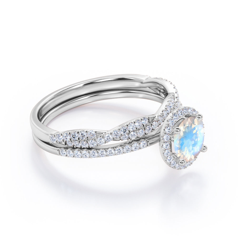 Unique Halo 1.7 carat Round cut Moonstone and diamond Vintage art deco Bridal set for her
