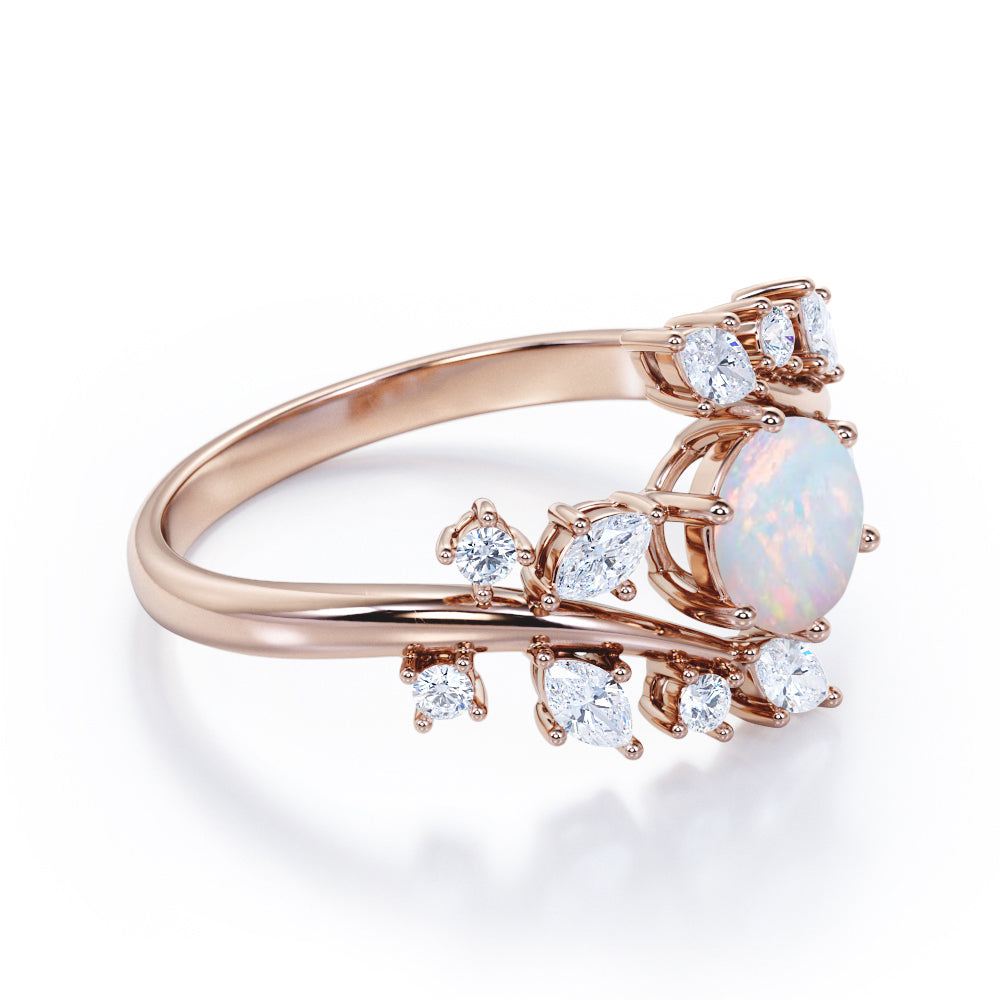 Nature style 1.25 carat Round cut Ethiopian Opal and diamond earthy engagement ring in Black gold