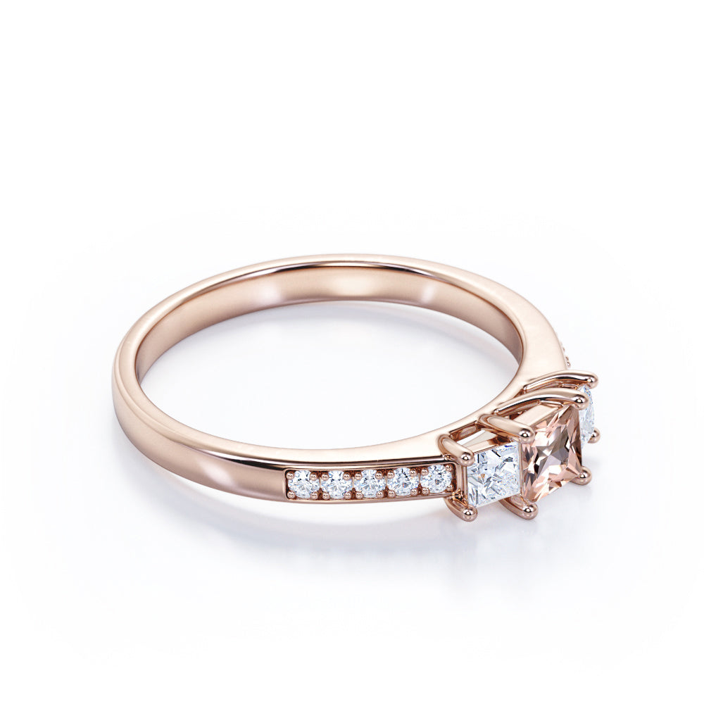 Channel set 0.75 carat Princess cut Morganite and diamond past present future engagement ring in White gold