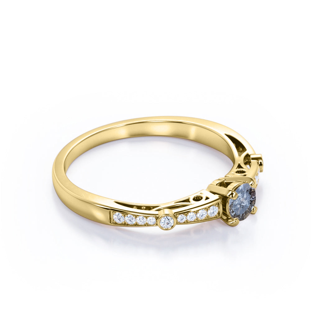 Baguette bands 0.65 carat Round cut Salt and pepper diamond and White diamond tapered style engagement ring in White gold