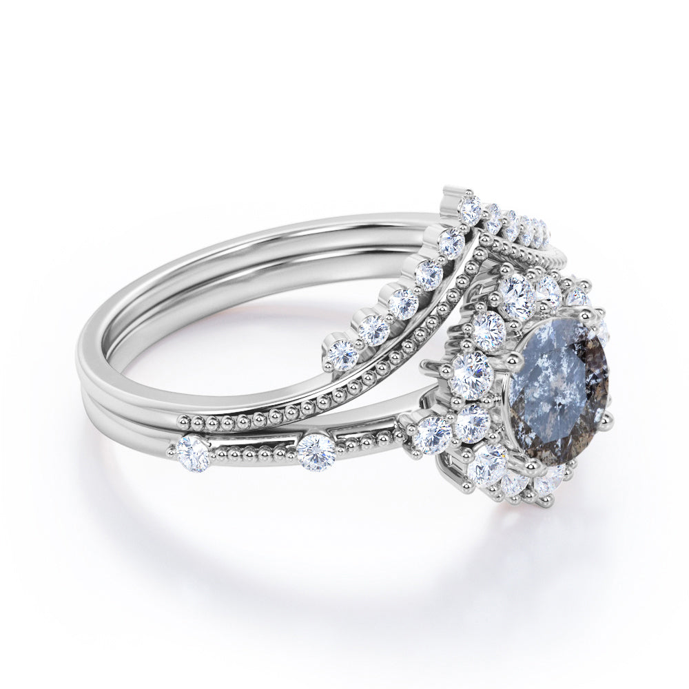 Beaded chevron 1 carat Round cut Salt and pepper diamond and White diamond clustered halo wedding ring set in Black gold