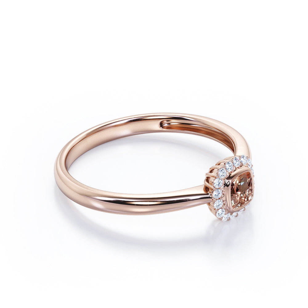 Pinched Shank setting 0.65 carat Cushion cut Morganite and diamond Floral halo engagement ring in White gold