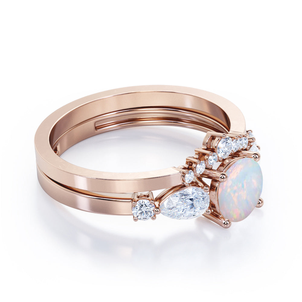 Tiara style 1.4 carat Round cut Opal and diamond beveled shank ring in White gold- Engagement ring for women