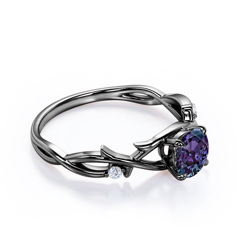 Four Claw Prong 1 carat Round cut Alexandrite and diamond earthy engagement ring in White gold