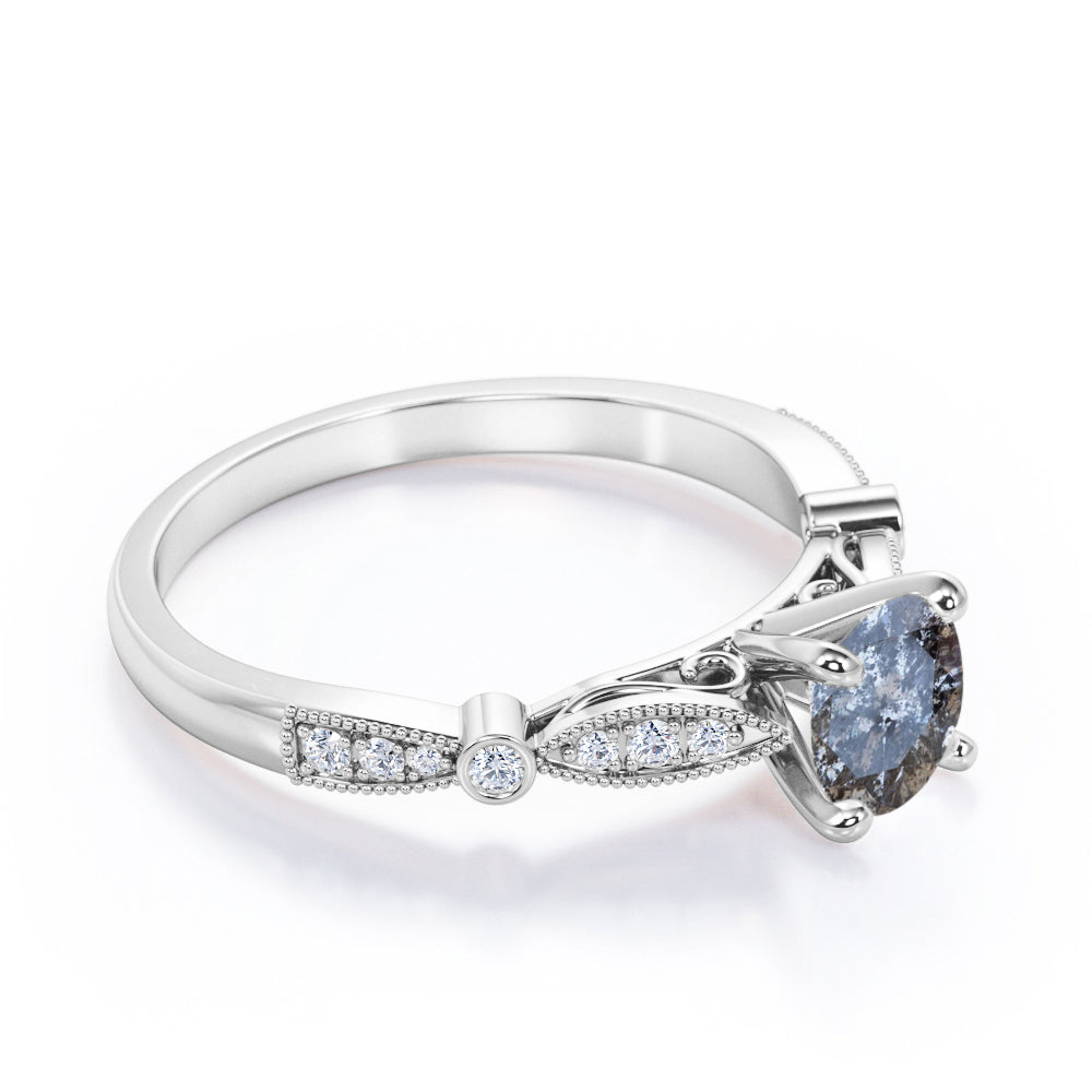 Royal Cathedral setting 0.75 carat Round cut Salt and pepper diamond and White diamond vintage engagement ring in Black gold