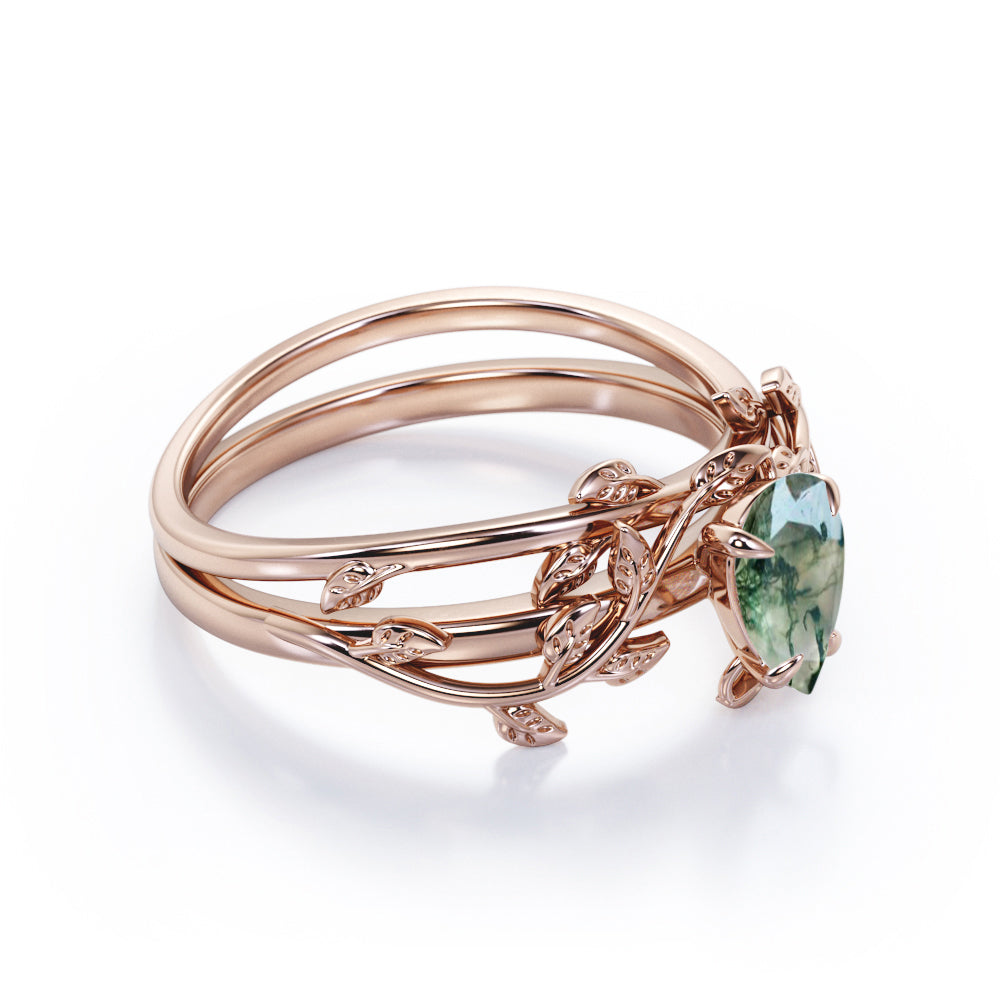 Floral Solitaire 1 carat pear cut Moss green Agate and diamond - 4 Prong set - Wedding Bridal set for her in gold