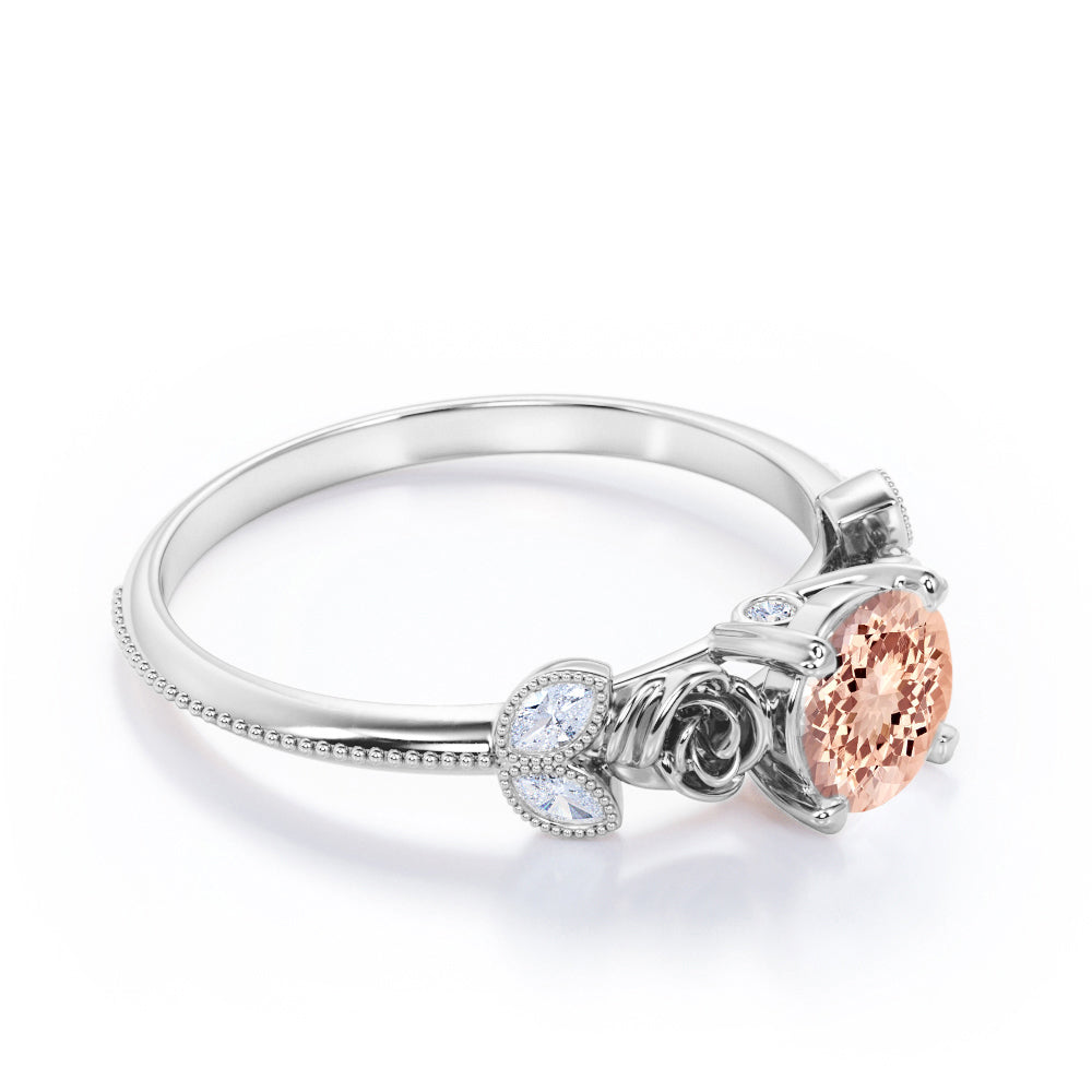 Romantic Roses 1.1 carat Round cut Morganite and diamond marquise milgrain engagement ring in Black gold
