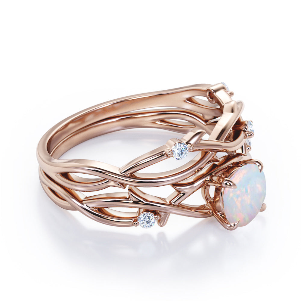 Twisted vine inspired 1 carat Round cut Opal and diamond claw prong wedding ring set for women in Black gold
