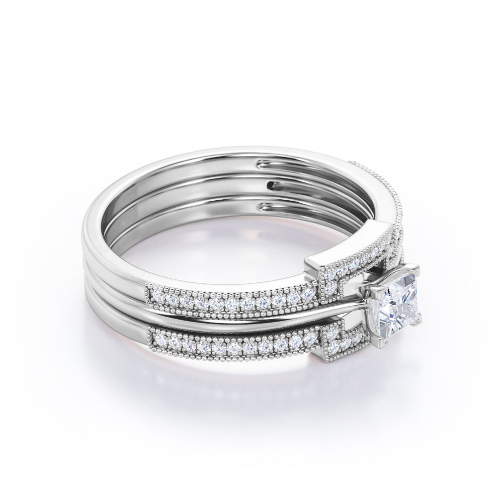 Authentic 1 carat Princess cut Moissanite and diamond halo inspired trio wedding ring set for women in rose gold