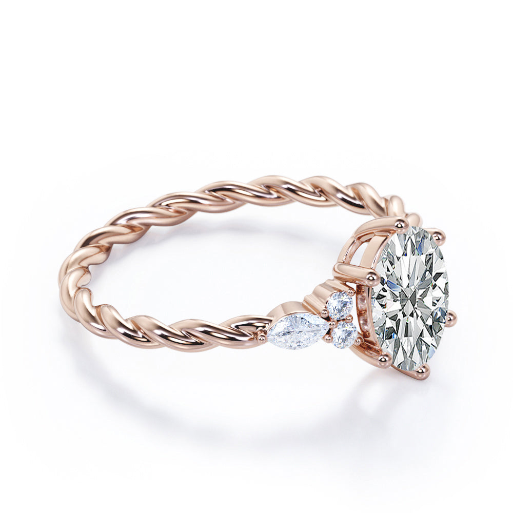 Twisted Rope style 1 carat Oval shaped Moissanite and diamonds 6 prong engagement ring White gold