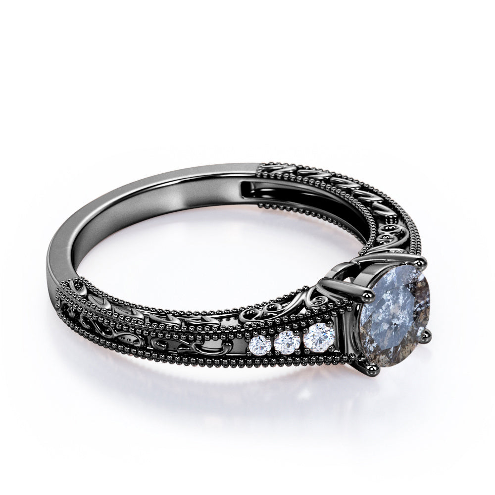 Vintage Scrollwork 0.65 carat Round cut Salt and pepper diamond and White diamond Milgrain engagement ring in Rose gold