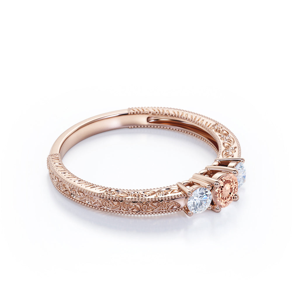 Vintage Milgrain 1.1 carat Round cut Peach Morganite and diamond victorian filigree - three stone engagement ring in White gold