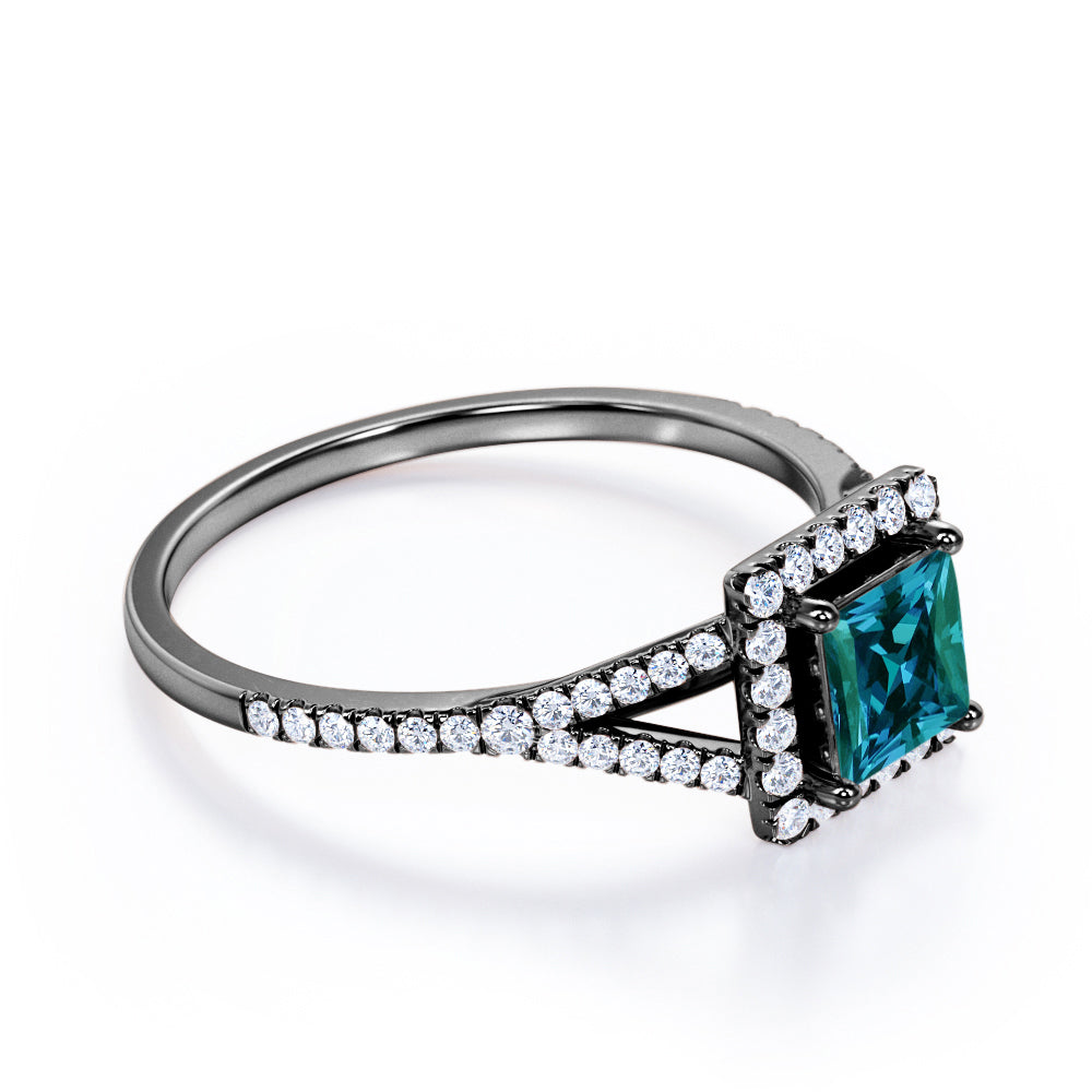 Antique French Pave 1.35 carat Princess cut Synthetic Alexandrite and diamond split shank style engagement ring in Rose gold