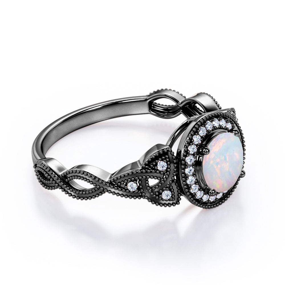 Grandiose 1.30 carat Round cut Ethiopian Opal and diamond twisted infinity halo engagement ring in White gold