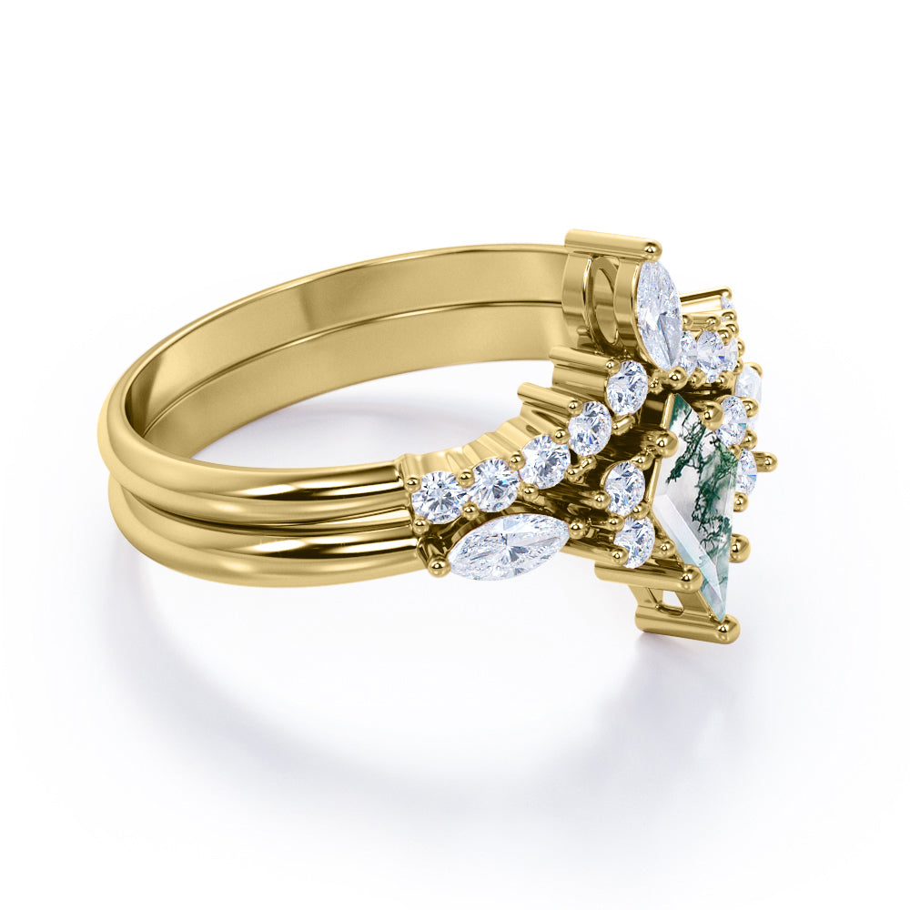 1.3 carat Kite Shaped Moss Green Agate and diamond chevron wedding ring set in White gold