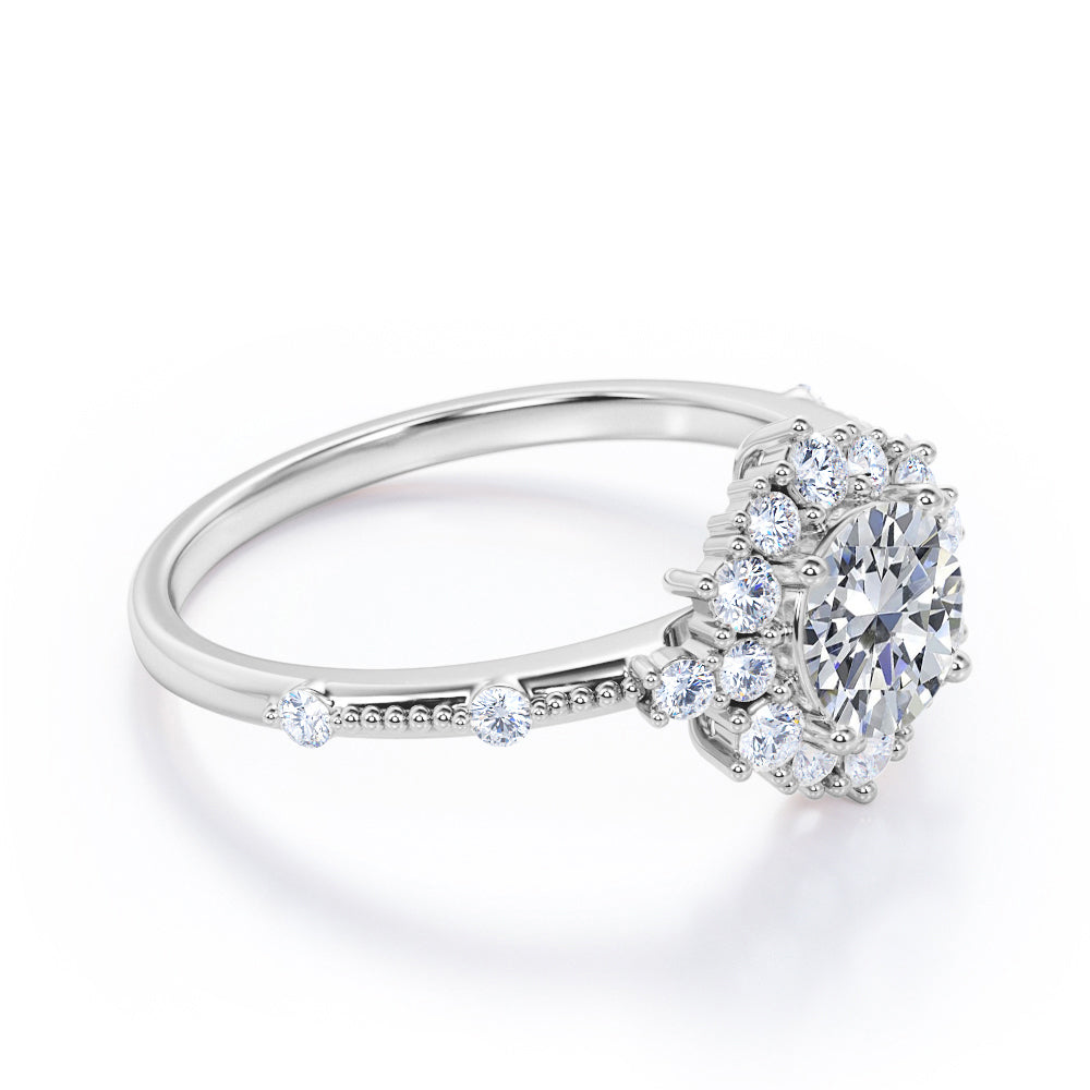 1.2 carat Round cut Moissanite and diamond Milgrain and halo engagement ring for women in rose gold