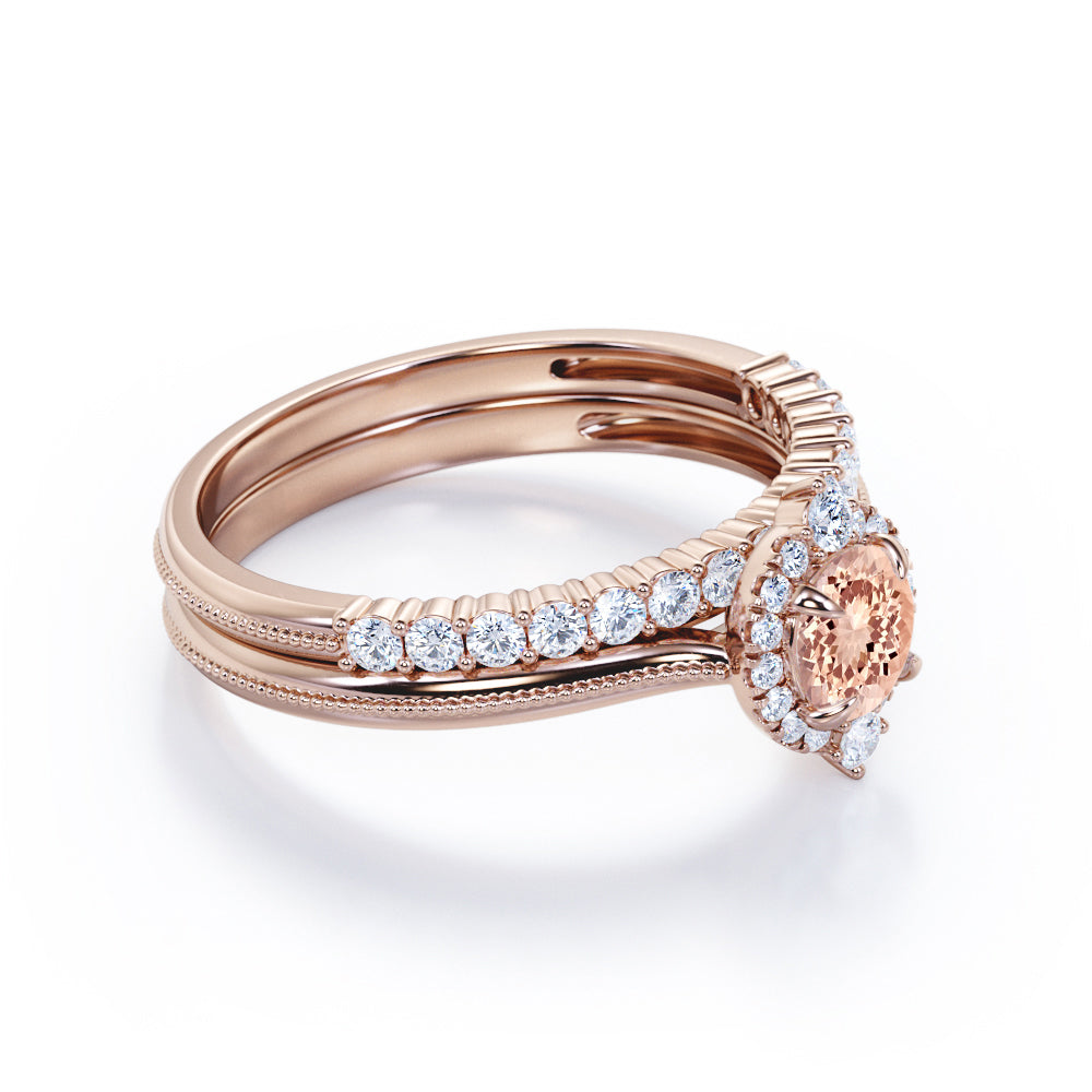 Distinctive halo 1.45 carat Round cut Pink Morganite and diamond Milgrain border engagement ring and bar set wedding band - Bridal wedding set