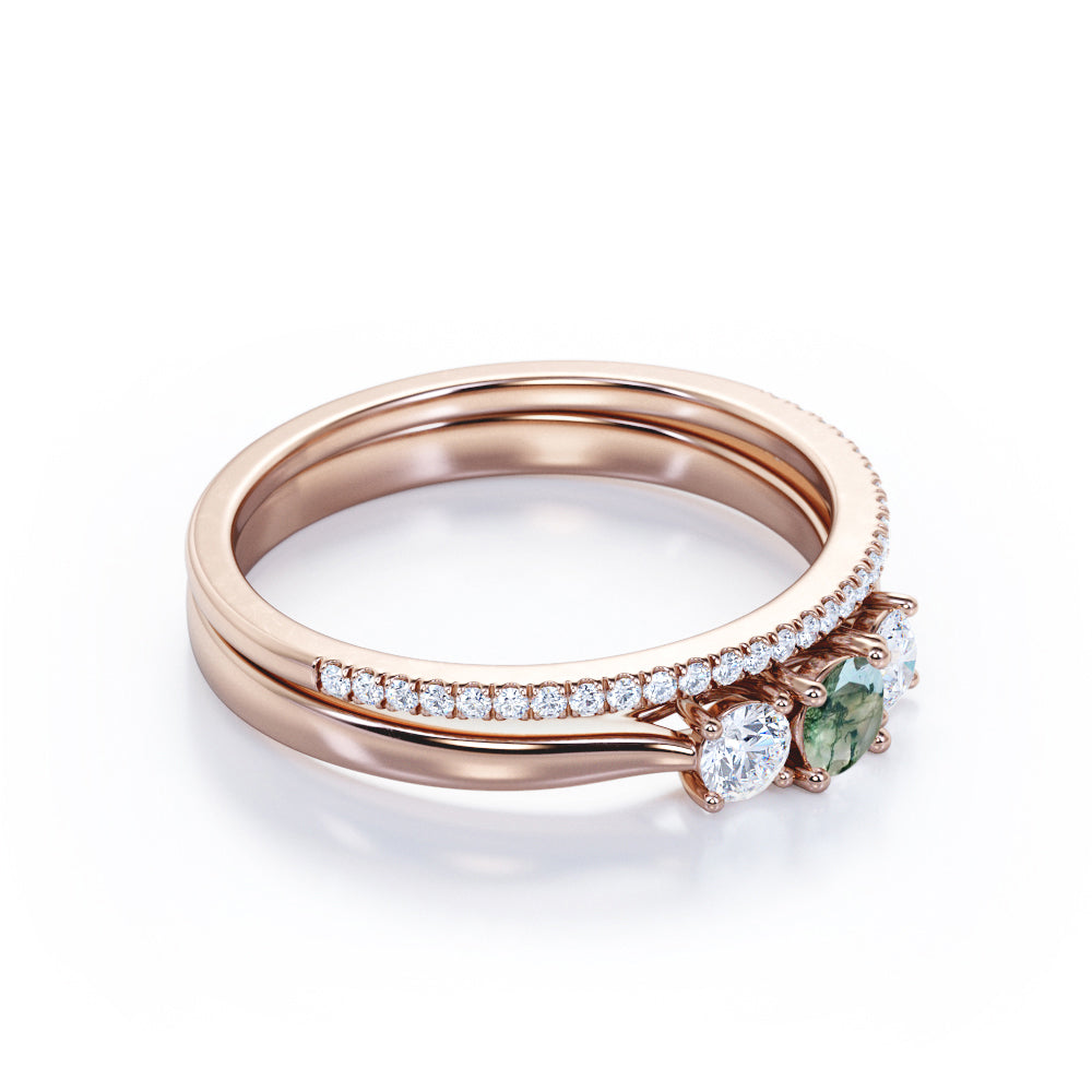 Classic trio style 0.75 carat Round cut Moss green Agate and diamond eternity wedding ring set for women in White gold