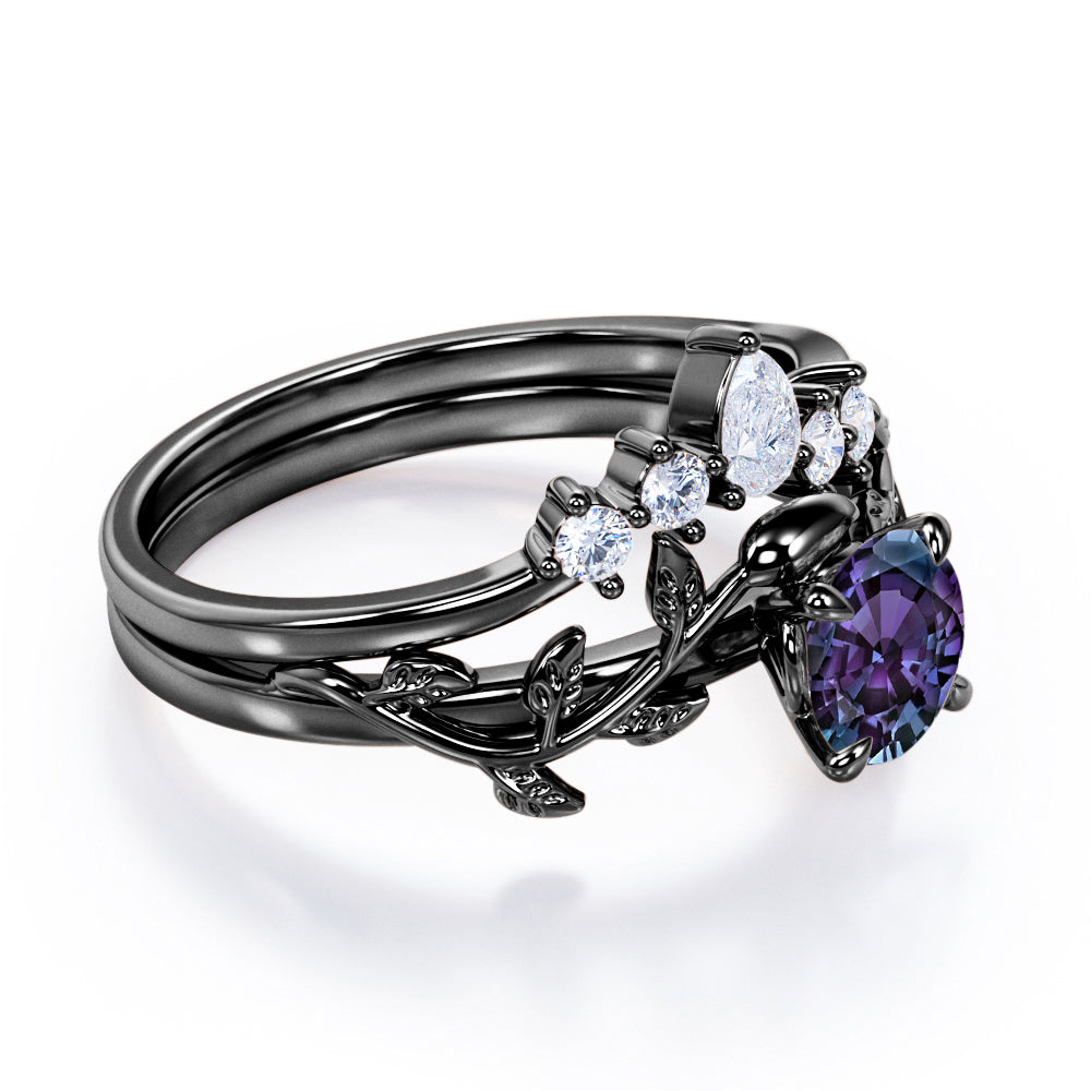 Floral Tiara 1.2 carat Round cut Lab created Alexandrite and diamond claw prong engagement ring in White gold