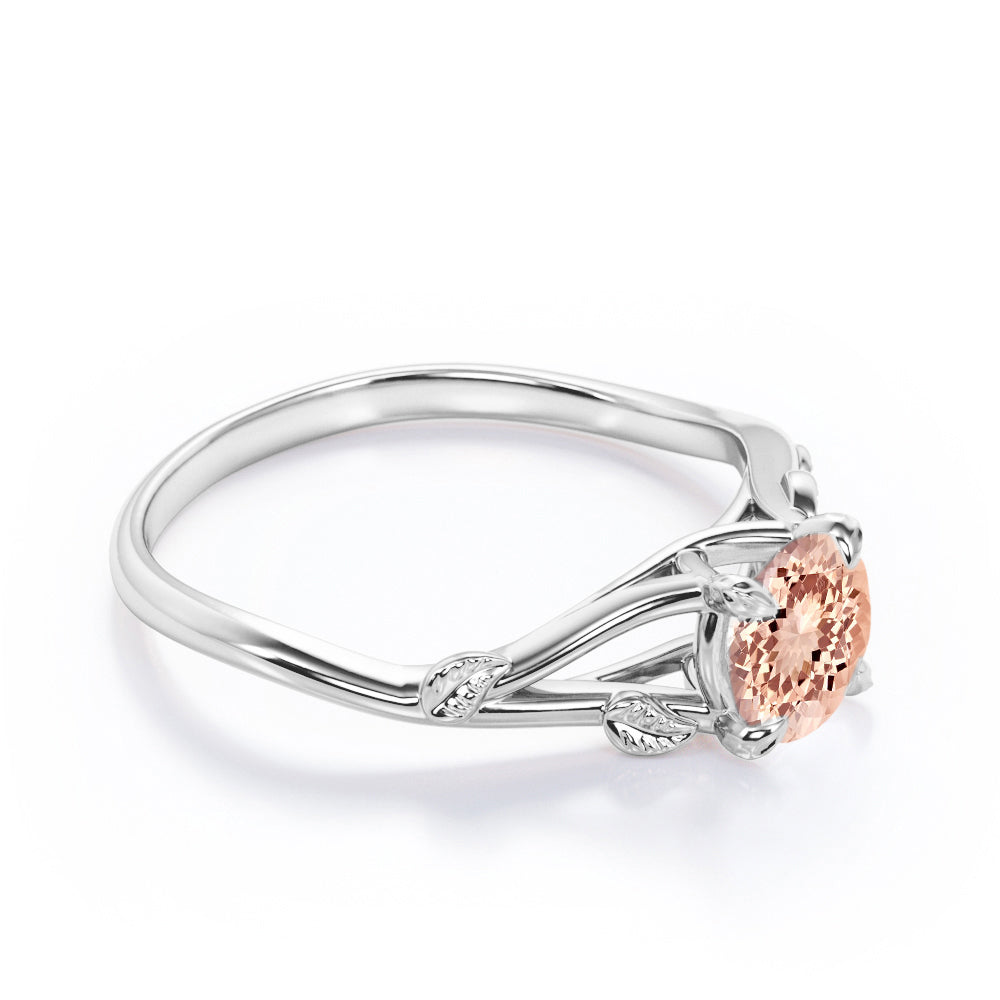 Vine and Leaf Shank 1 carat Round cut Morganite vintage earthy engagement ring in Rose gold