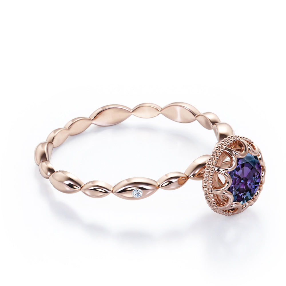 Vintage Scalloped 0.5 carat Round cut Synthetic Alexandrite and diamond milgrain halo engagement ring in White gold