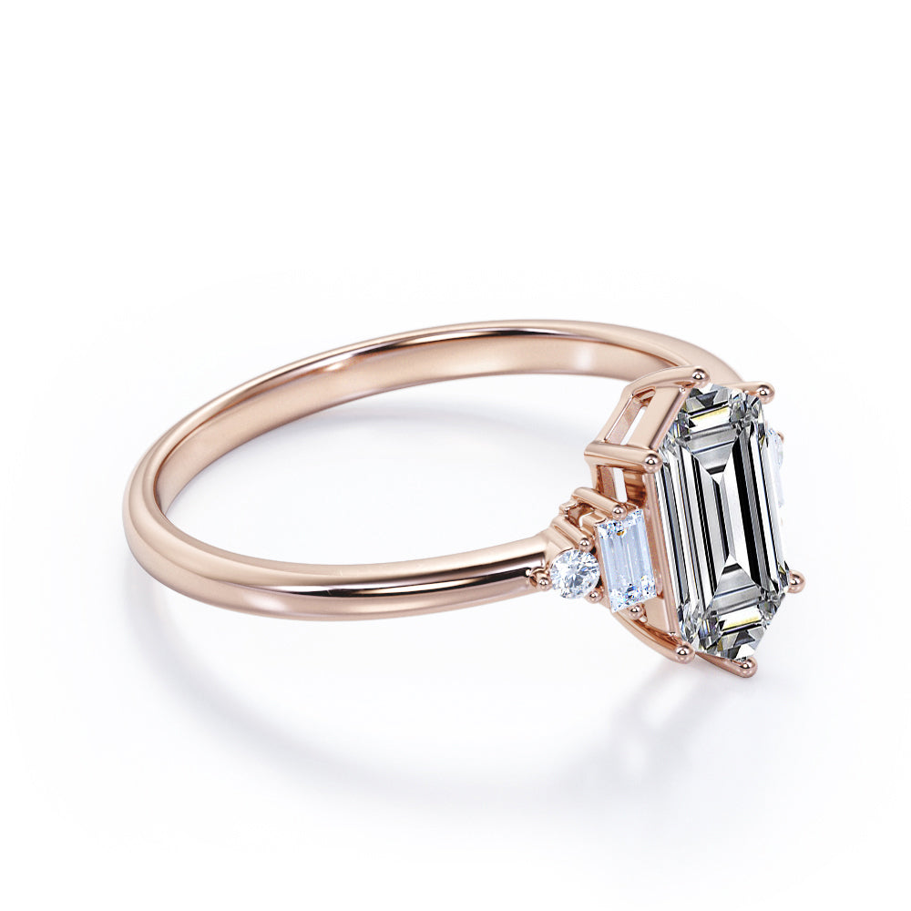 Unique 5 stone 1.1 carat Hexagonal Moissanite and diamonds engagement ring in White gold