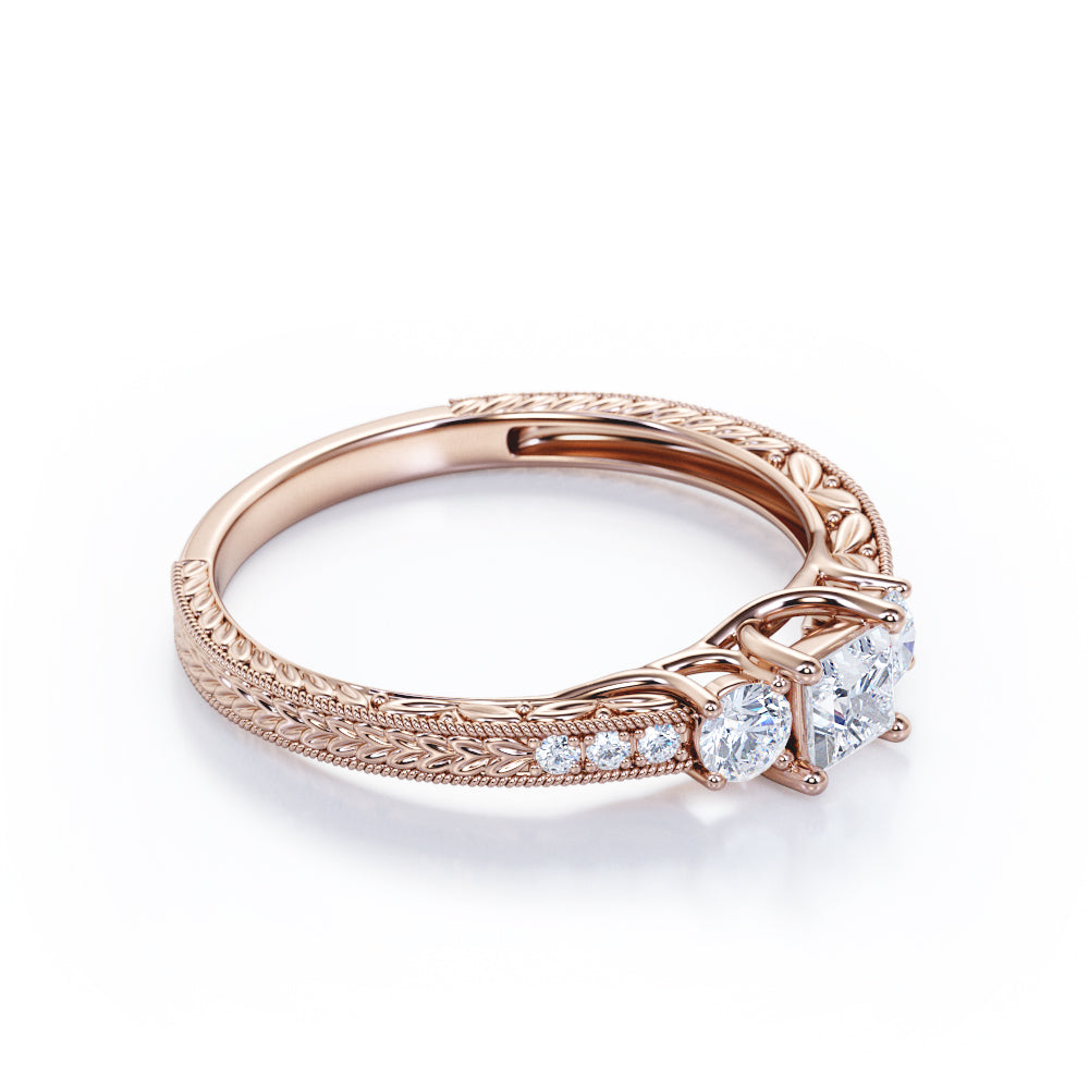 Twisted 4 Prong trio stone 0.58 carat Princess cut cathedral setting diamond Engagement ring in Gold
