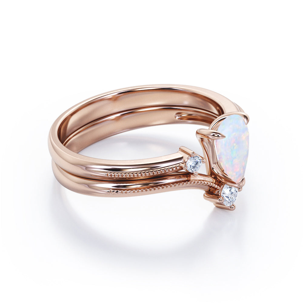 Chevron Crown Tiara 1.10 carat Pear cut Australian Fire Opal and Milgrain Border and diamond Wedding Bridal ring set