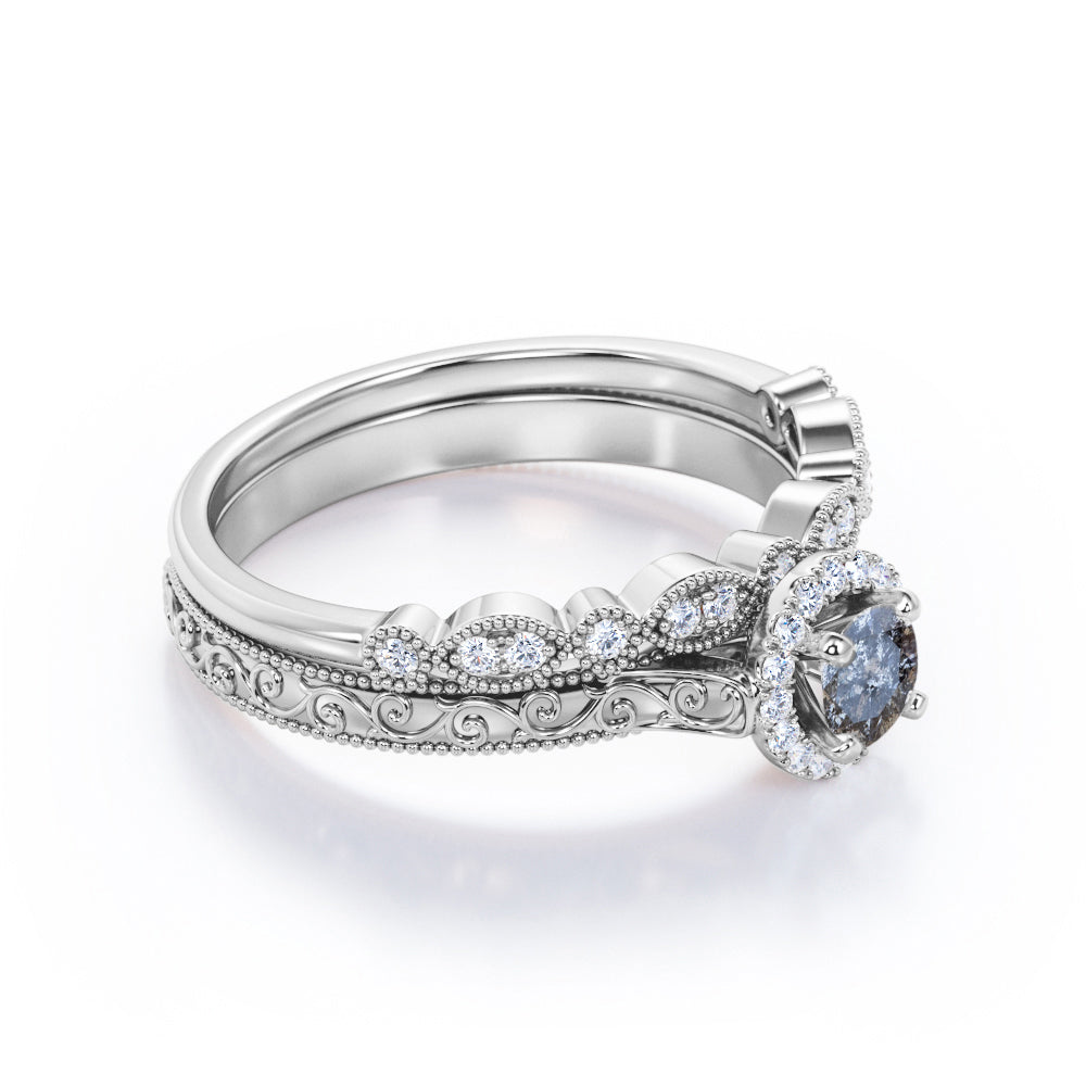 Authentic Filigree 0.75 carat Round cut Salt and pepper diamond and White diamond halo style wedding ring set in Rose gold