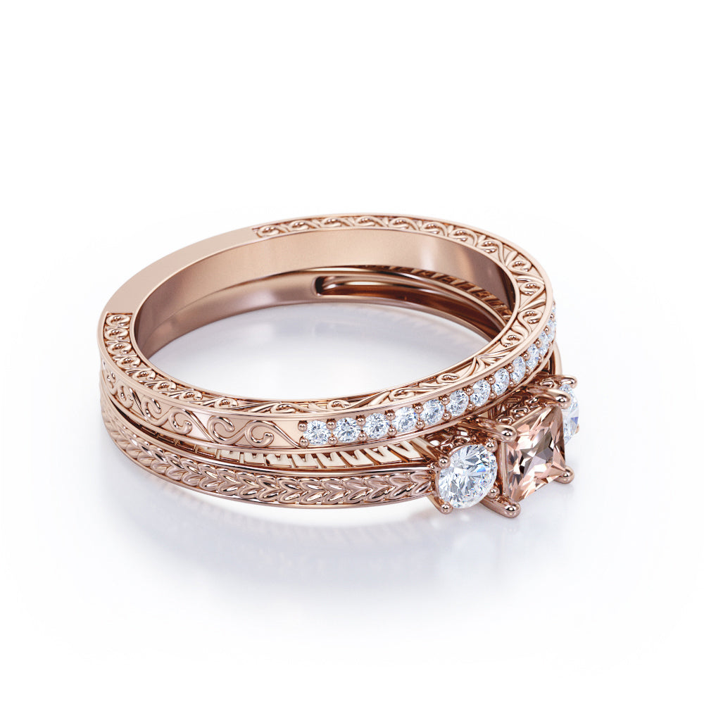 Eccentric Trilogy 1.35 carat Princess cut Pink Morganite and round pave diamond Filigree engraved-Bridal set for women