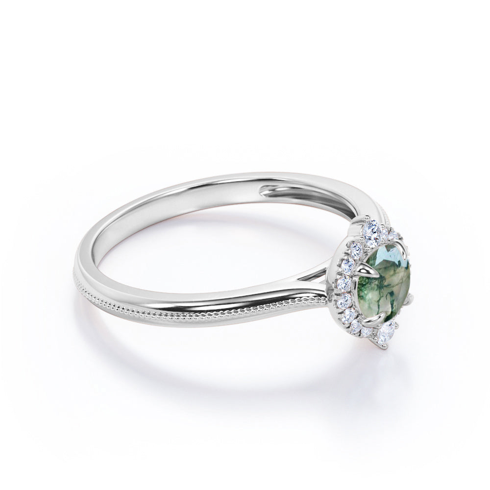 Milgrain Filled 0.75 Round cut Antique Pointed Halo Moss green Agate and diamond wedding ring set for women in gold