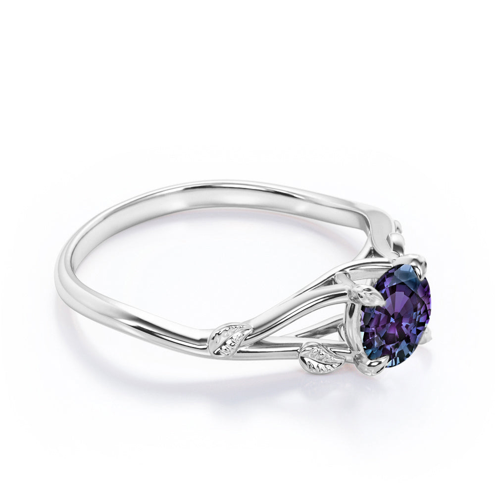 Nature inspired 1 carat Round cut Lab created Alexandrite vine split shank engagement ring in Black gold