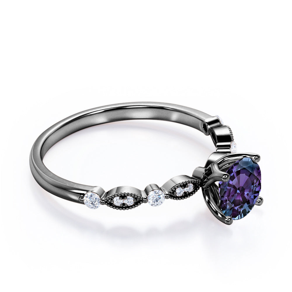 Authentic 1.1 carat Round cut Lab made Alexandrite and diamond-Milgrain-classic prong engagement ring in White gold