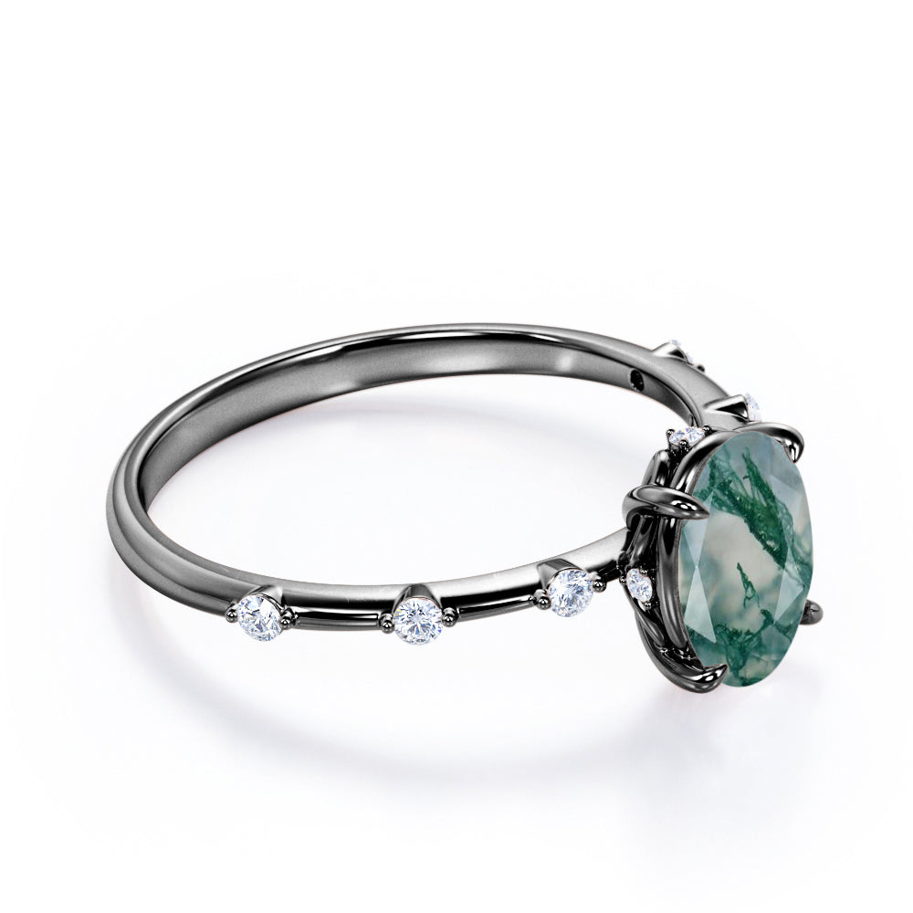 Branch Twig inspired 1.1 carat Moss Green Agate and diamond claw prong engagement ring in White gold