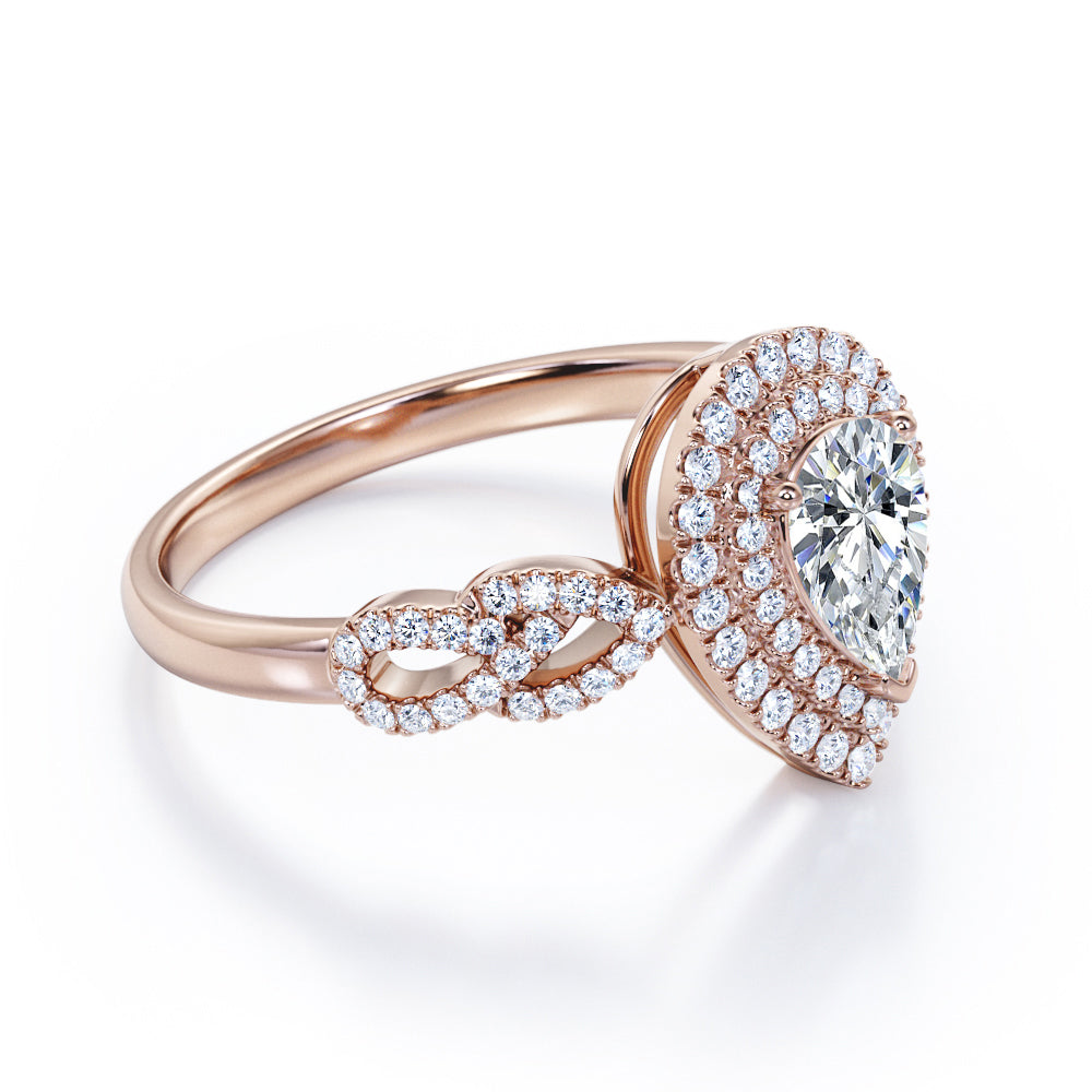 Artistic infinity 1.75 carat Pear cut Moissanite and diamond vintage halo engagement ring in Black gold