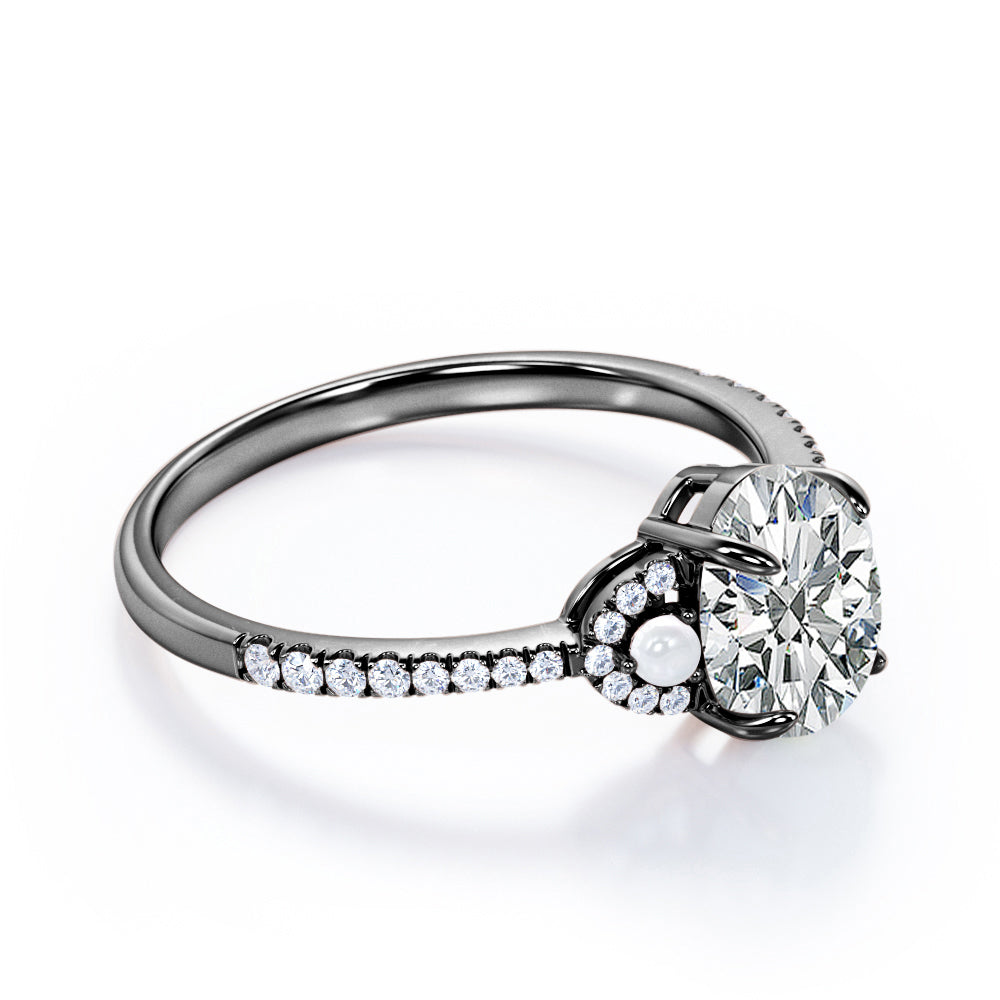 Vintage crescent style 1.35 carat Oval cut Moissanite, diamonds and freshwater pearl engagement ring in Rose gold