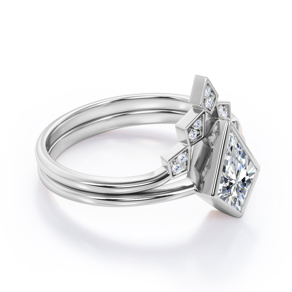 Kite Chevron 1.15 carat Moissanite and diamonds bezel wedding ring set for her in White gold