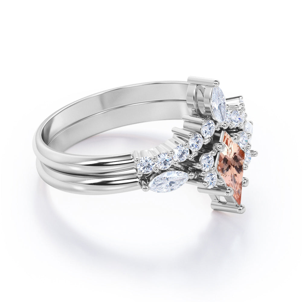 Vintage Crown 1.5 carat Kite shaped Peach Morganite and diamond Chevron tiara wedding ring set in Rose gold