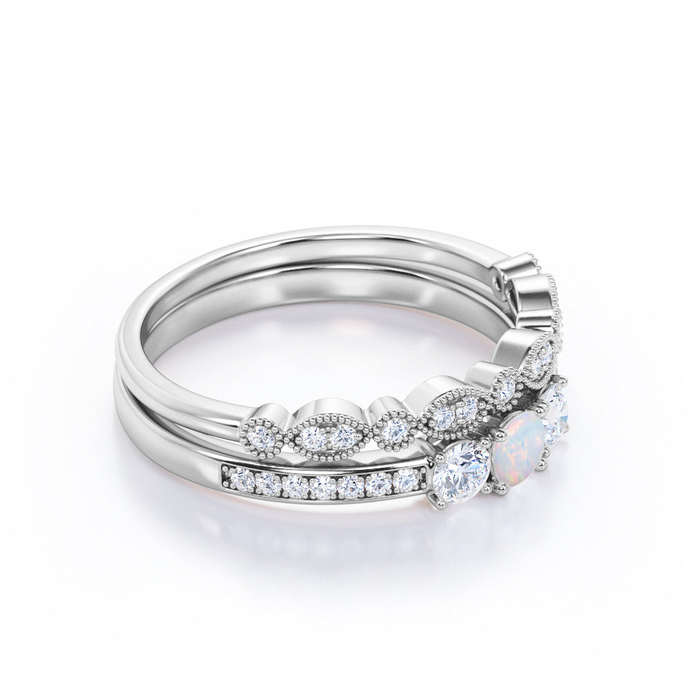 Elegant trilogy 1 carat Round cut Ethiopian Opal and pave diamond Milgrain Bridal set for her in Rose gold
