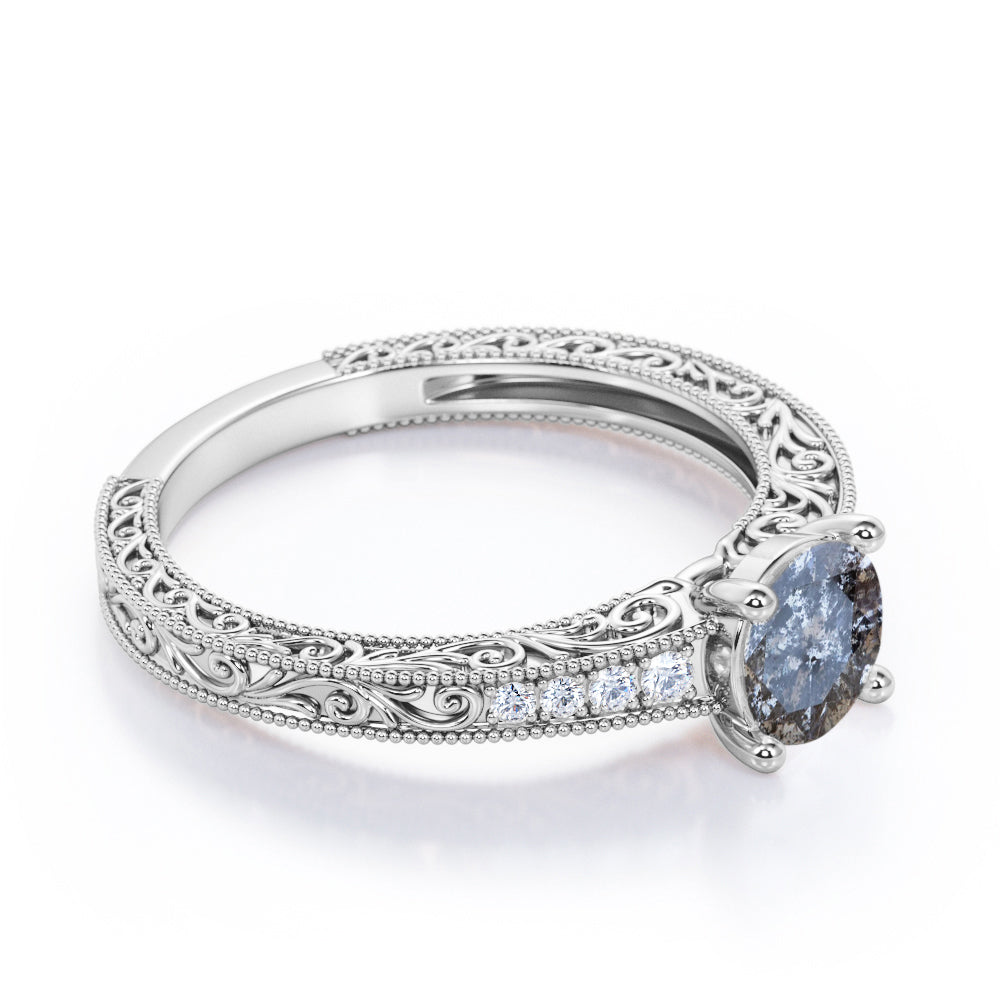 Milgrain and Filigree 0.7 carat Round cut Salt and pepper diamond and White diamond antique style engagement ring in Black gold
