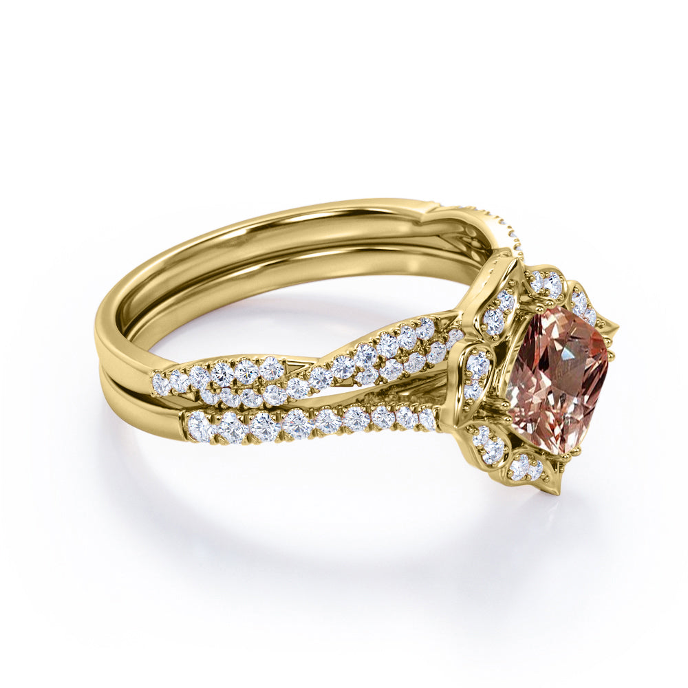 Floral Halo 1.75 carat Cushion cut Peach pink Morganite and diamond - double prong setting - wedding ring set for women