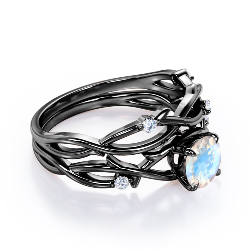 Eccentric nature inspired 1.15 carat Round cut Moonstone and diamond earthy Bridal set for women in White gold