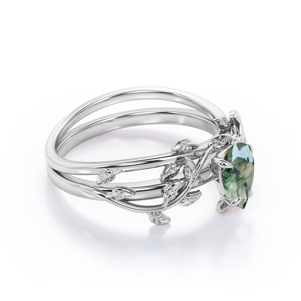 Floral Solitaire 1 carat pear cut Moss green Agate and diamond - 4 Prong set - Wedding Bridal set for her in gold